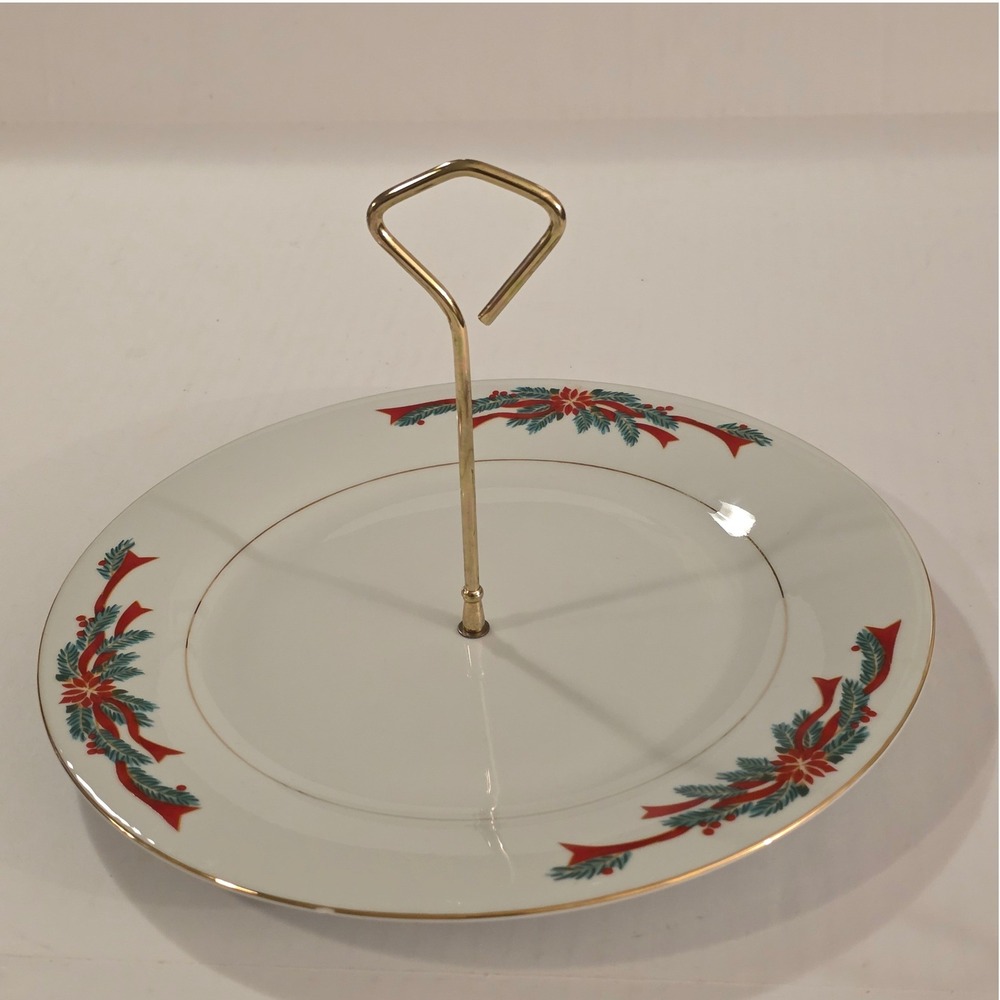 Vintage Kmart Poinsettia & Ribbons 10.5 Inch Porcelain Holiday Tidbit Tray